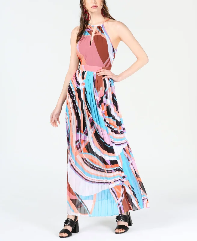 Bar III Printed Halter Neck Maxi Dress Comfortable Pleated Maxi Dress