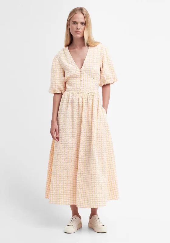 Barbour Womens Belmont Seersucker Check Maxi Dress, Mallow Pink Trendy V-Neck Maxi Dress