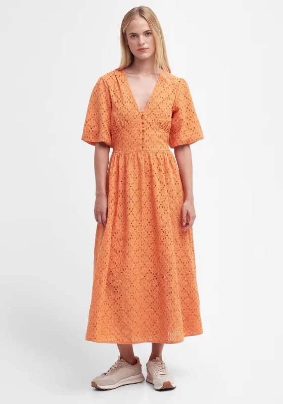 Barbour Womens Kelley Broderie Anglaise Maxi Dress, Apricot Crush Stylish Boho Chic Maxi Dress