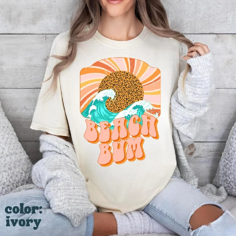 Beach Bum Leopard Sun Beach Tee - Retro Vintage Beach Tee - Trendy Beach Tee - Summer Aesthetic - Comfort Colors Women's Unisex Tee Print Jacquard Patchwork