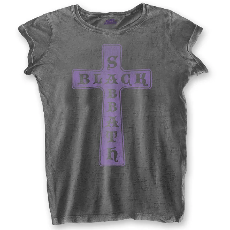 Black Sabbath Ladies Fashion T-Shirt: Vintage Cross (Burn Out) Handmade Hand-knitted Hand-woven Black Sabbath Ladies Fashion T-Shirt: Vintage Cross (Burn Out) Handmade Hand-knitted Hand-woven