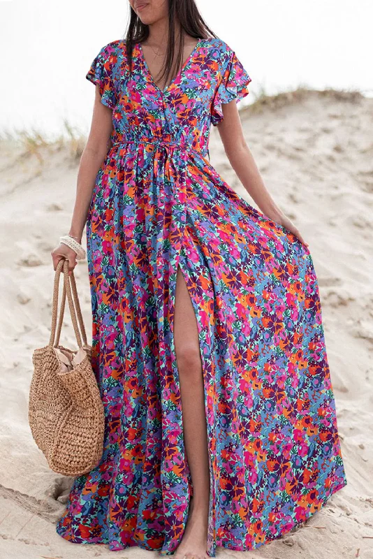 Blue Floral Print V Neck Wrap Split Maxi Dress Trendy Maxi Dress with Straps