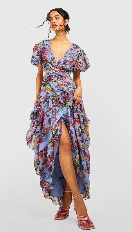 Boohoo floral cut out ruffle maxi dress, new - size 10 Cozy Open-Back Maxi Dress