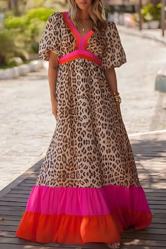 Leopard Colorblock Patchwork Bubble Sleeve Maxi Dress Elegant Tiered Maxi Dress