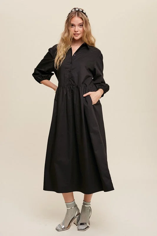 Button Front Puff Sleeve Baby doll Maxi Dress *Online Only* Comfortable Satin Maxi Dress