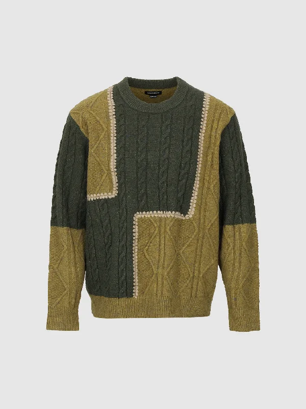 Cable Knitted T-Shirts Print Jacquard Patchwork