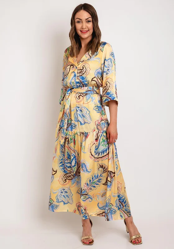 Camelot Floral Satin Touch Maxi Dress, Yellow Fashionable High-Low Maxi Dress