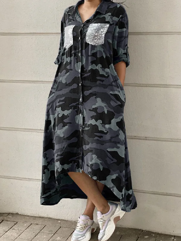 Camouflage Print Casual Maxi Dress With Pocket Trendy Floral Print Maxi Dress