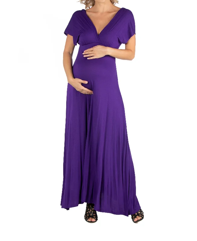 Cap Sleeve V Neck Maternity Maxi Dress Comfortable Pleated Maxi Dress