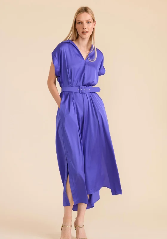 Caroline Kilkenny Phoebe Star Belted Waist Satin Maxi Dress, Lavender Trendy Ruffled Maxi Dress