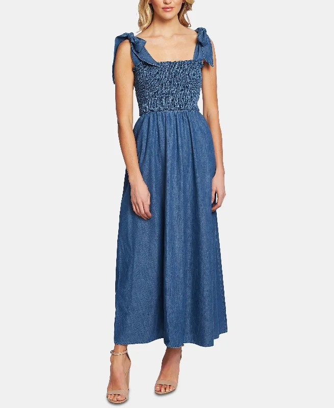 Cotton Smocked Denim Maxi Dress Comfortable Maxi Dress with Slits