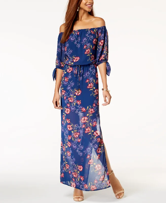 Juniors' Off-The-Shoulder Tie-Cuff Maxi Dress Elegant Floral Maxi Dress