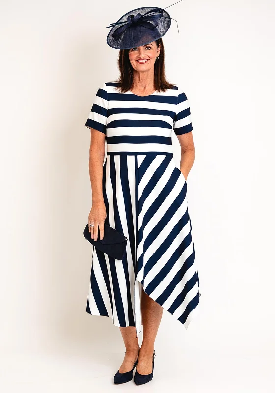 Coco Doll Hara Geometric Stripe Maxi Dress, Navy & White Cozy Ruffle Sleeve Maxi Dress