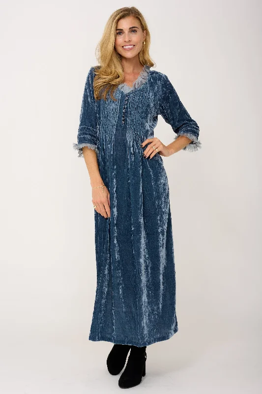 Silk Velvet Annabel Maxi Dress in Blue Grey Elegant Tiered Maxi Dress