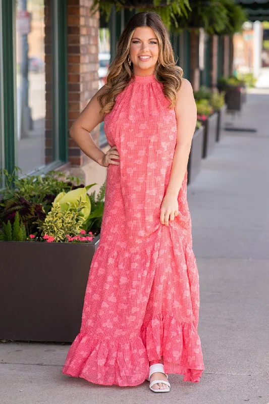 Coral Textured Halter Neck Maxi Dress Comfortable Bohemian Maxi Dress