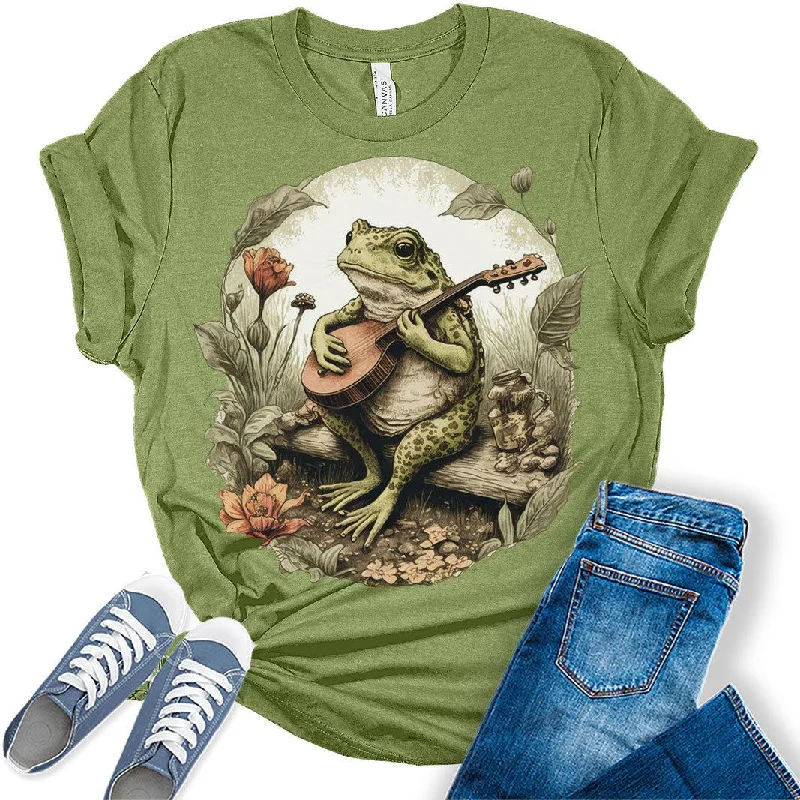 Cottagecore Shirt Aesthetic Frog Playing Banjo On Log T-Shirt Women's Graphic Tee Bella Top Anti-Shrink Durable Soft