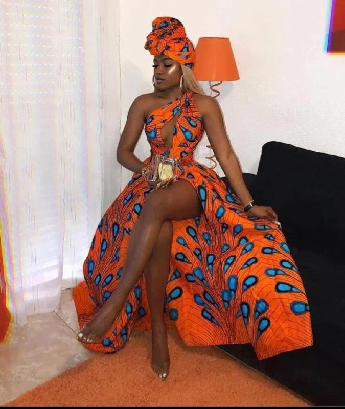 Vibrant Orange and Blue African Ankara Print Plus Size Maxi Dress: Complete Party Ensemble with Free Headwrap and Nose Mask Elegant Lace-Up Maxi Dress