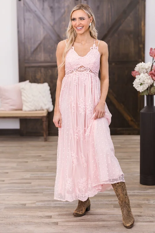 Dusty Rose Crochet Lace Bodice Maxi Dress Stylish Maxi Dress with Frills