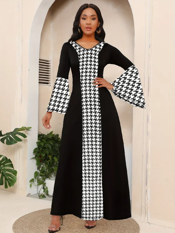 Ethnic Print Splicing Dress, Elegant Flared Sleeve V-Neck Maxi Dress Cozy Knitted Maxi Dress