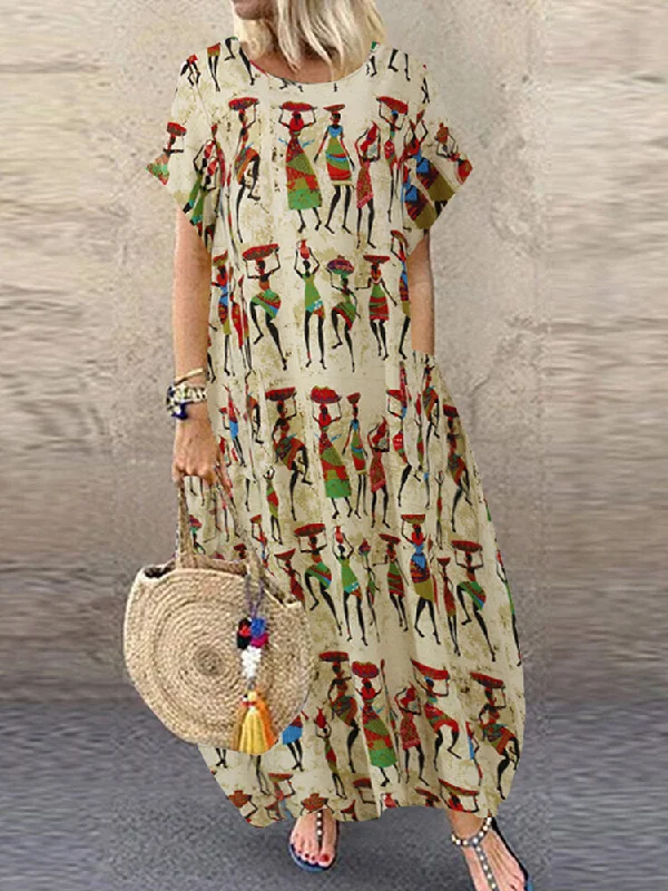 Ethnic Style Figure Print Round Neck Short Sleeve Loose Baggy Women Maxi Dress Elegant Lace Maxi Dress