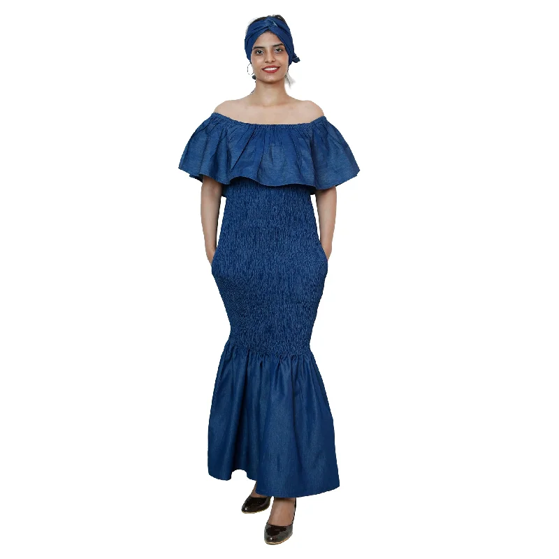 Women's Denim Mermaid Style Off Shoulder Maxi Dress -- FI-50077D Fashionable Asymmetrical Maxi Dress