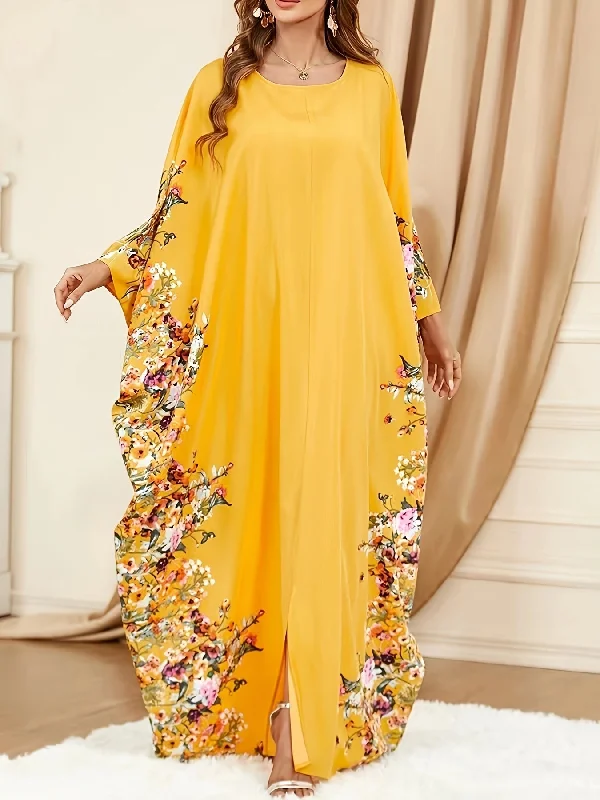 Ramadan Floral Print Crew Neck Kaftan, Elegant Batwing Sleeve Split Maxi Dress Elegant Maxi Dress with Ruffles