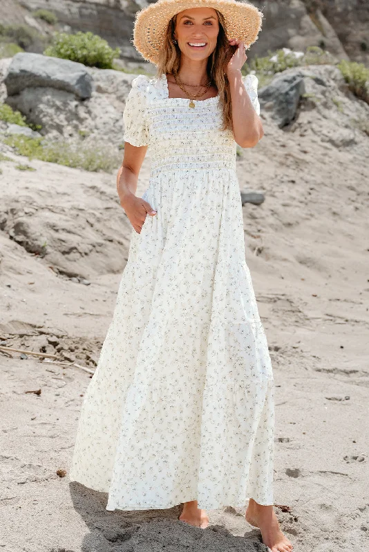 Frilly Shirred Bodice Tiered Floral Maxi Dress Elegant Boho Maxi Dress