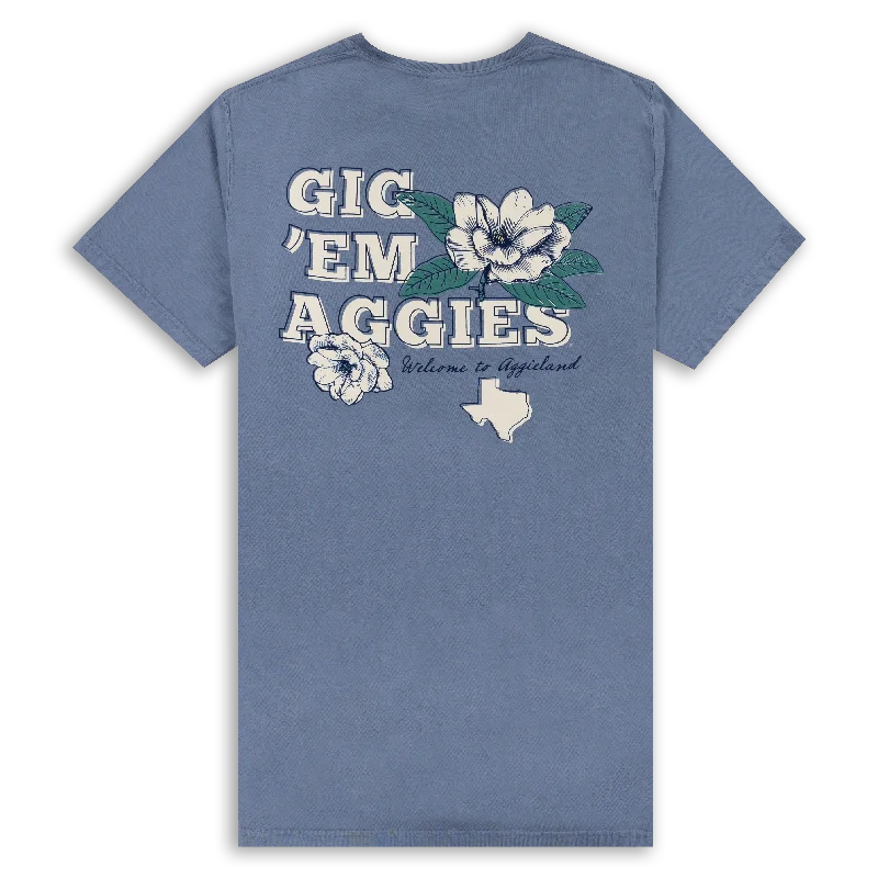 Texas A&M Gig 'Em Aggies Floral Blue T-Shirt Spandex Blend Rayon Blend Denim Blend