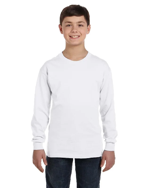 Gildan Youth Heavy Cotton Long Sleeve T-Shirt | White Welt Pockets Slit Pockets