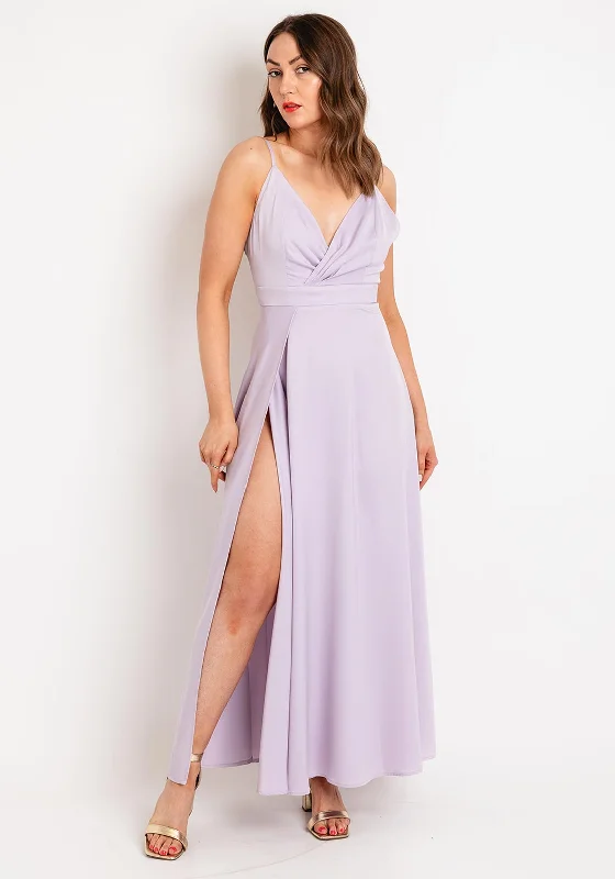 Goa Goa Carillon Satin Floral Slit Leg Maxi Dress, Lilac Cozy Wrap Maxi Dress