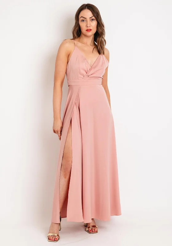 Goa Goa Carillon Satin Floral Slit Leg Maxi Dress, Peach Casual Maxi Dress with Pockets