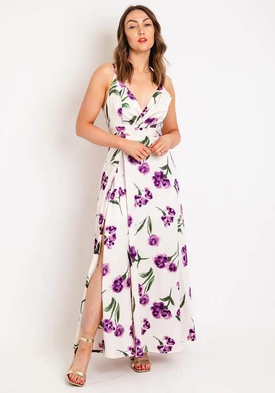 Goa Goa Jazz Satin Floral Slit Leg Maxi Dress, Orchid Cozy Maxi Dress with Slit