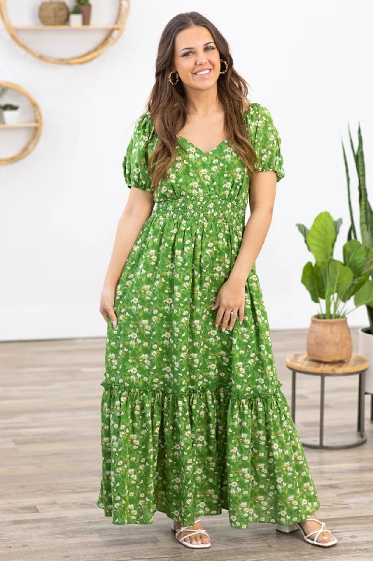 Green Multicolor Floral Puff Sleeve Maxi Dress Comfortable Cotton Maxi Dress