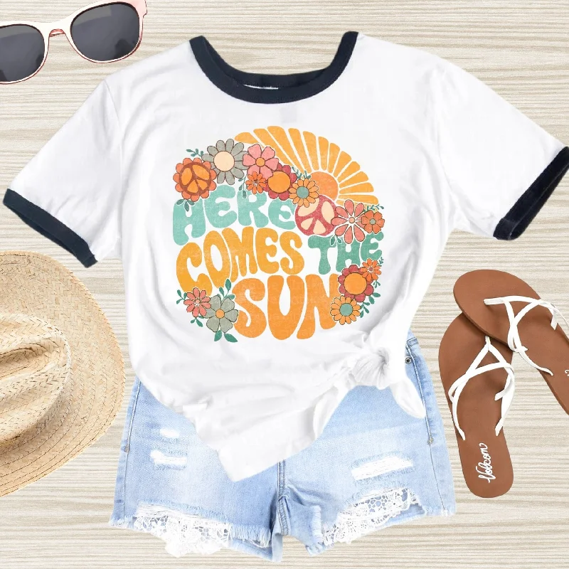 Here Comes the Sun Boho Beach Ringer Tee - Beach Aesthetic Shirt - Summer Vacation Shirt - Ringer Tee - Beach Sunshine t-shirt Mesh Blend Leather Blend Suede Blend