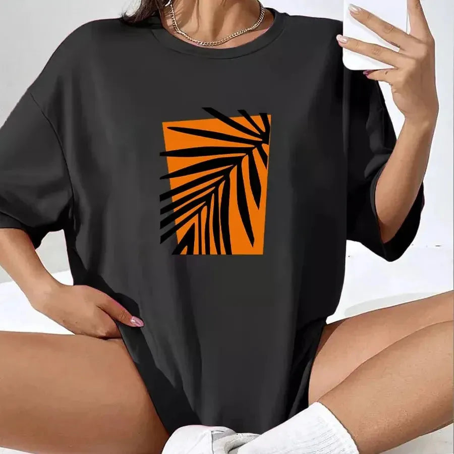 Hirsionsan Vintage Orange Leaf Printed T-Shirt Women Soft Casual Short Sleeve Su Handmade Hand-knitted Hand-woven Hirsionsan Vintage Orange Leaf Printed T-Shirt Women Soft Casual Short Sleeve Su Handmade Hand-knitted Hand-woven