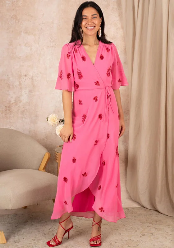 Hope & Ivy Hebe Embellished Wrap Maxi Dress, Pink Fashionable Printed Maxi Dress