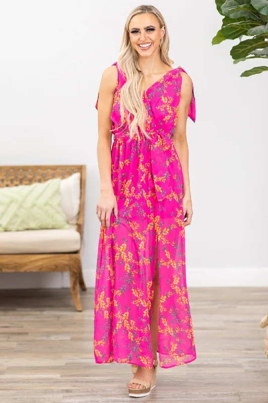 Hot Pink Floral Print Surplice Front Maxi Dress Elegant Maxi Dress with Ruffles