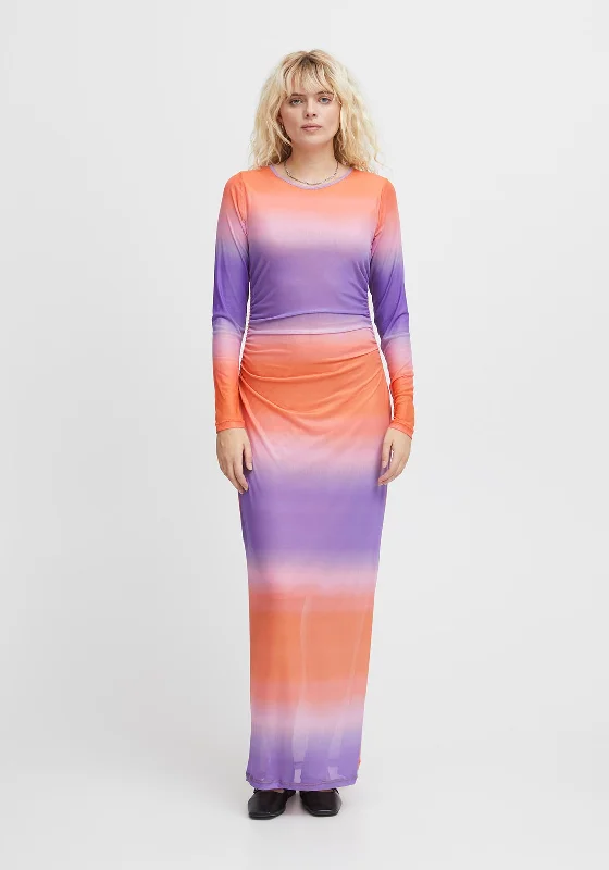 Ichi Ista Multi Fading Super Maxi Dress, Purple & Orange Trendy Short Sleeve Maxi Dress