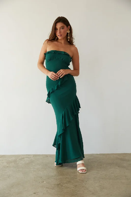 Jana Strapless Ruffle Open Back Maxi Dress Comfortable Fit-and-Flare Maxi Dress