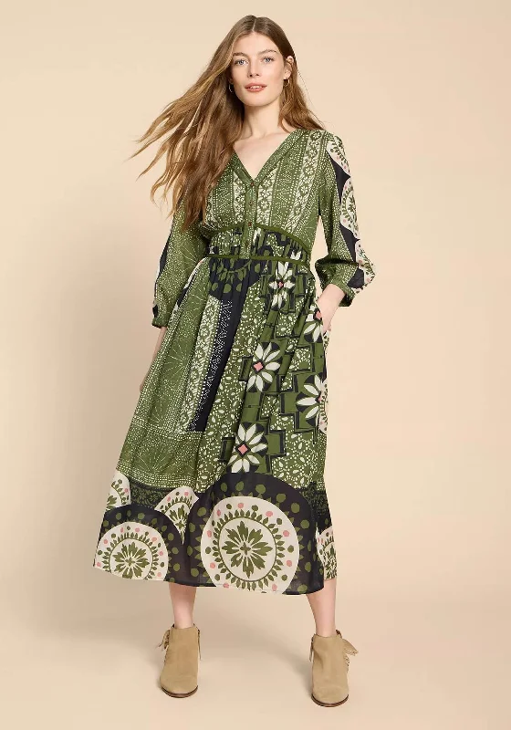 White Stuff Jenna Mosaic Pattern Maxi Dress, Green Print Elegant Maxi Dress with Lace