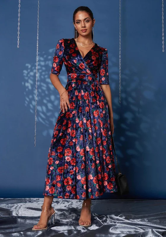 Jolie Moi Floral Print Velvet Maxi Dress, Navy Trendy Off-Shoulder Ruffle Maxi Dress