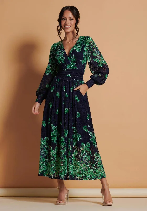 Jolie Moi Amica Symmetrical Print Lace Maxi Dress, Green Fashionable Sheer Maxi Dress