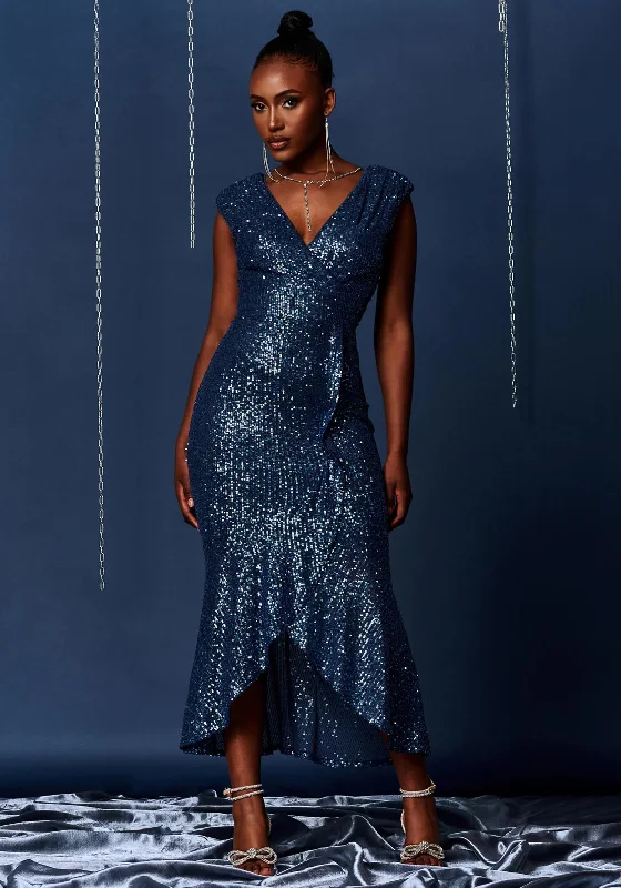 Jolie Moi Sequin Wrap Fishtail Maxi Dress, Blue Elegant Pleated Maxi Dress