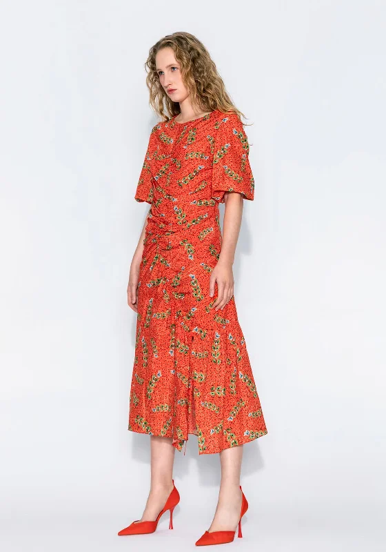 Kameya Ruched Detail Multi Print Maxi Dress, Coral Chic Off-Shoulder Maxi Dress