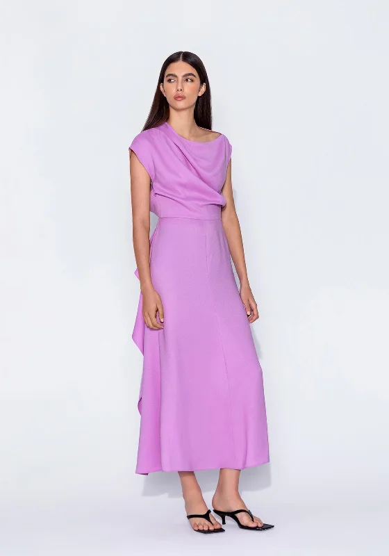 Kameya Ruffle Draped Detail Maxi Dress, Lilac Elegant Maxi Dress with Drapes