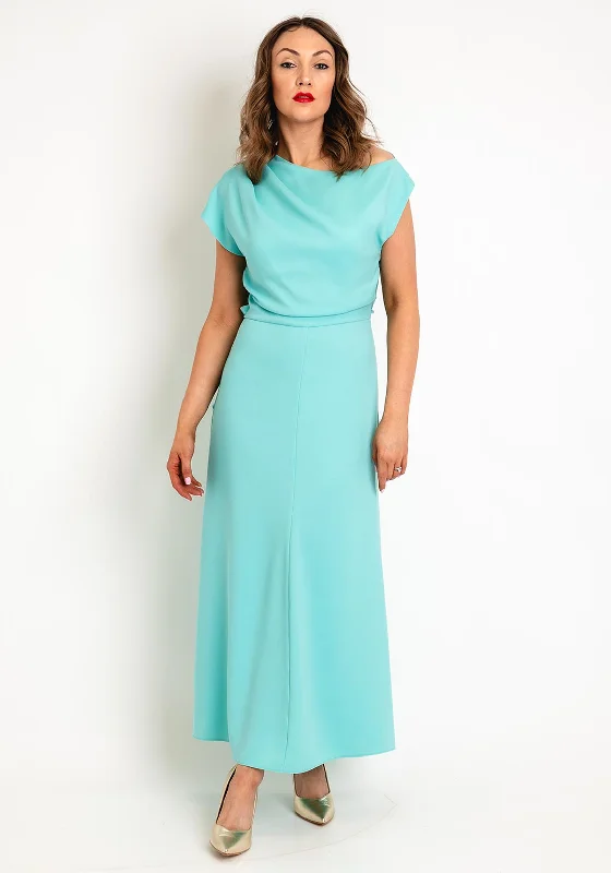 Kameya Ruffle Draped Detail Maxi Dress, Turquoise Elegant Maxi Dress with Belt