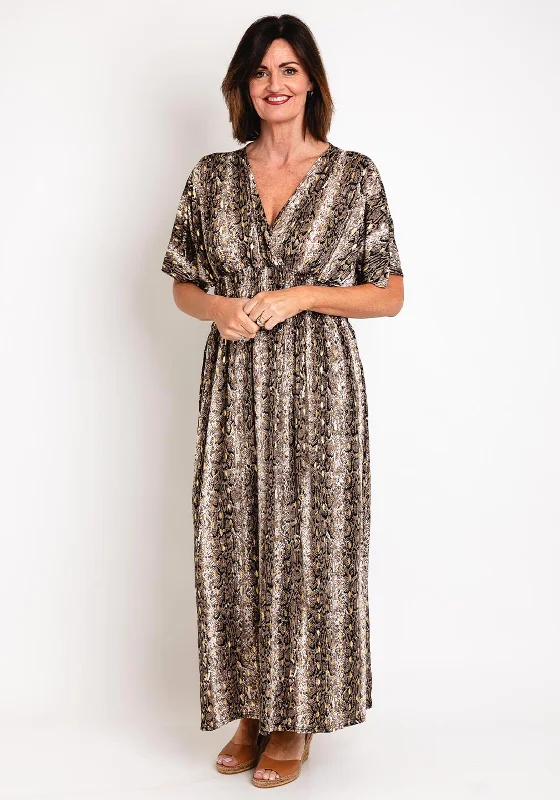 Serafina Collection One Size Reptile Print Maxi Dress, Black Gold Trendy Ruffled Maxi Dress