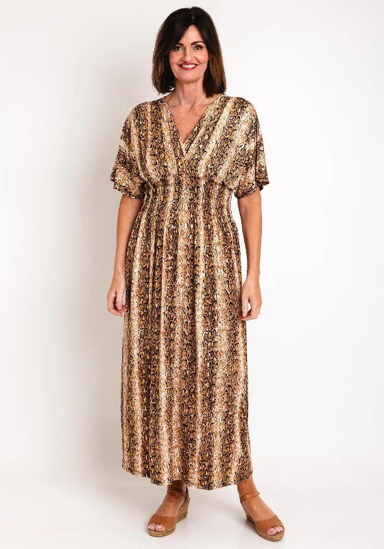 Serafina Collection One Size Reptile Print Maxi Dress, Brown Gold Classic V-Neck Maxi Dress