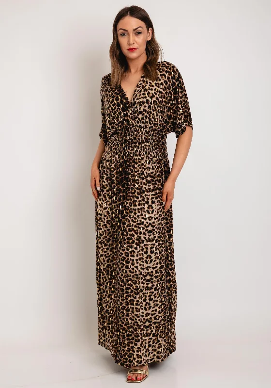 Serafina Collection One Size Leopard Print Maxi Dress, Brown & Gold Stylish A-Line Maxi Dress