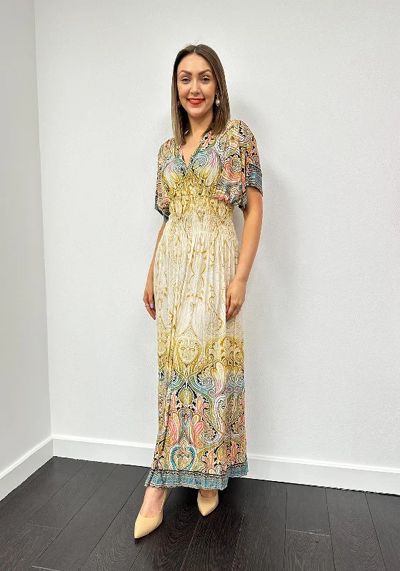 Serafina Collection One Size Paisley Maxi Dress, Gold Chic Boho Print Maxi Dress